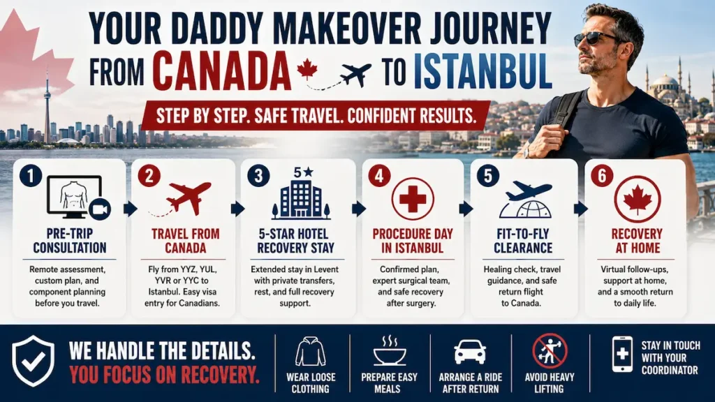 Daddy Makeover journey from Canada to Istanbul showing consultation, travel, hotel recovery, surgery day, fit-to-fly clearance, and home recovery.