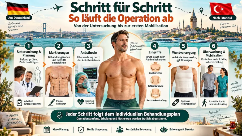 Daddy Makeover in der Türkei: Operationsablauf von Untersuchung und Markierung bis Wundversorgung und erster Mobilisation