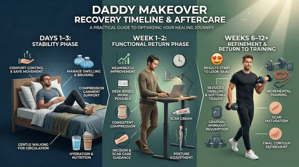 Daddy makeover recovery timeline infographic showing days 1–3, weeks 1–2, and weeks 6–12+ aftercare milestones.