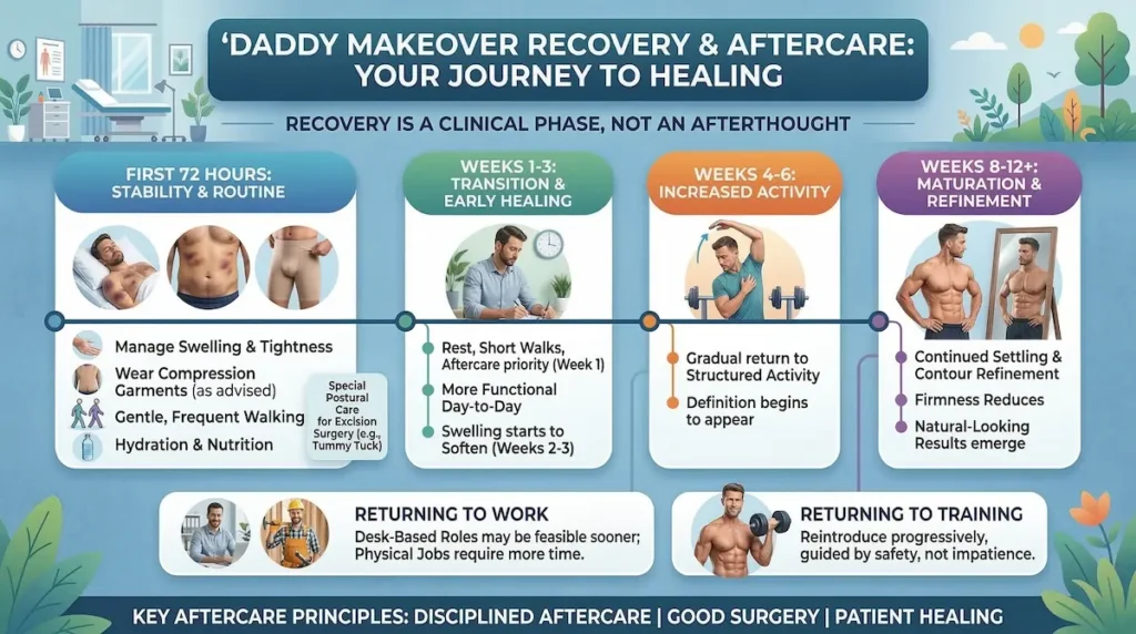 Daddy Makeover recovery timeline infographic showing aftercare milestones from first 72 hours to weeks 8–12+.