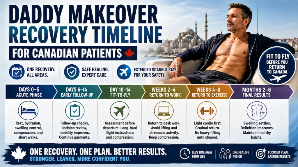 Daddy Makeover recovery timeline for Canadian patients, including acute healing, follow-up, fit-to-fly clearance, work, exercise, and final results.