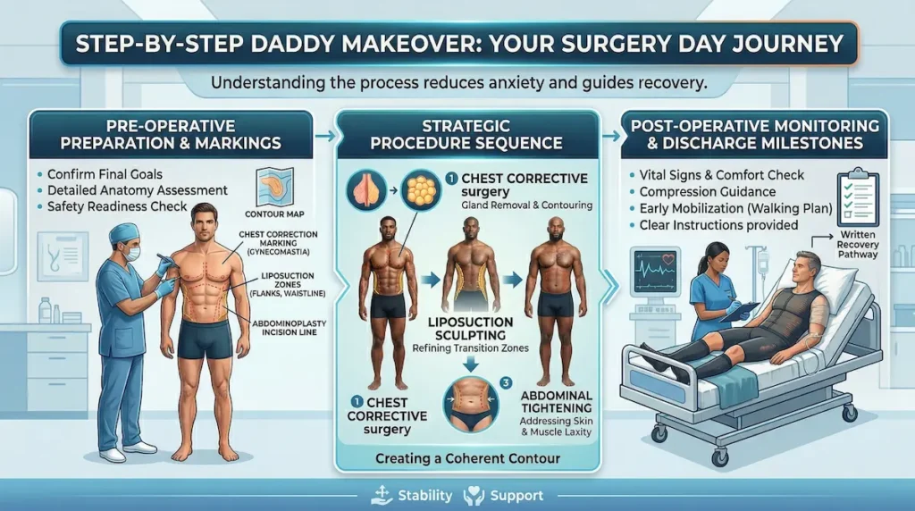 Daddy makeover step-by-step infographic showing pre-op markings, procedure sequence, and post-op monitoring milestones.