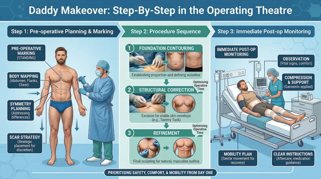 Daddy Makeover surgery step-by-step infographic showing pre-op marking, procedure sequence, and immediate post-op monitoring in the operating theatre.
