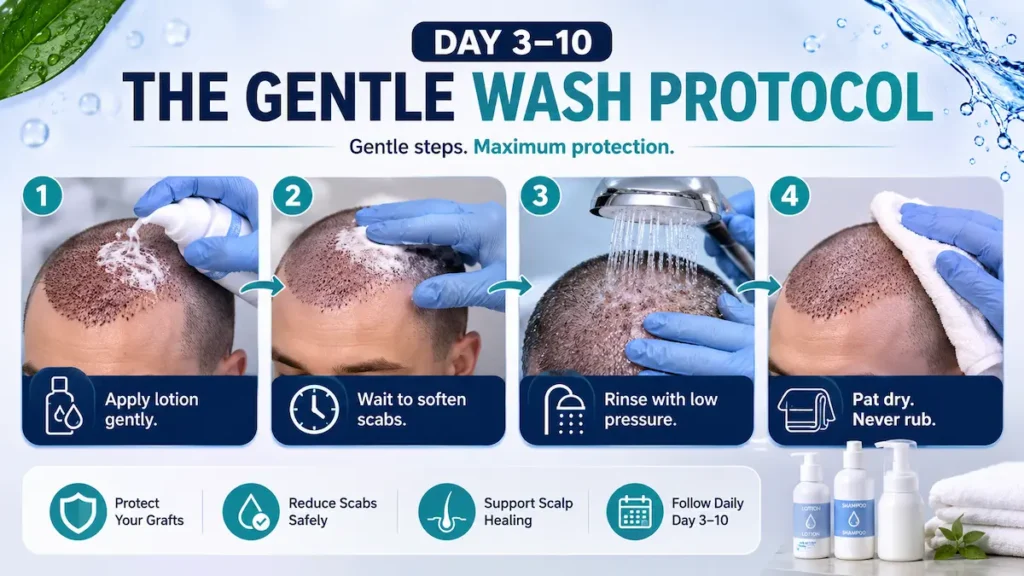 Day 3 to 10 infographic showing washing hair after transplant with lotion, low pressure rinsing, and gentle pat drying.