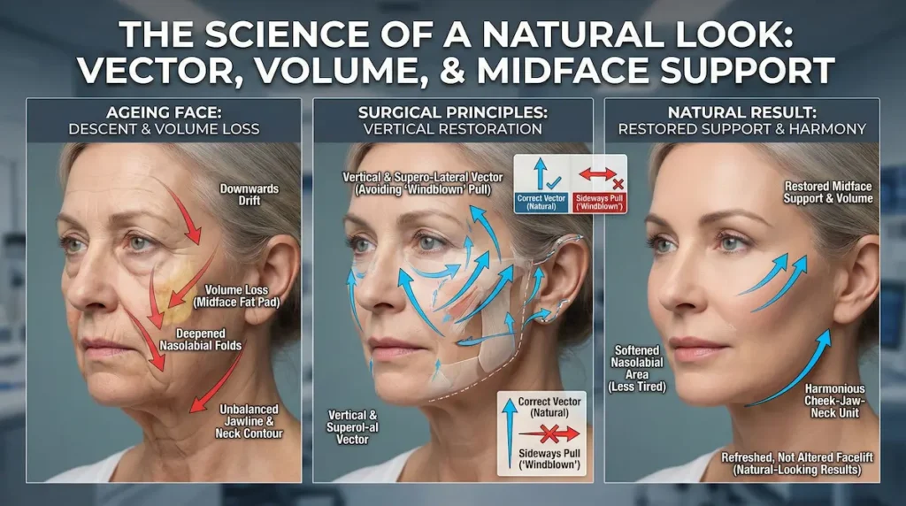 Deep plane facelift results diagram showing vector direction, volume restoration and midface support to maintain a natural look