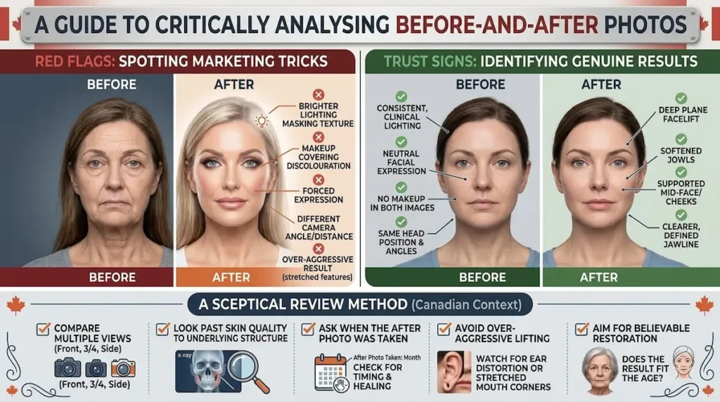 Deep plane facelift natural results guide comparing edited before and after photos with genuine signs of structural facial support.