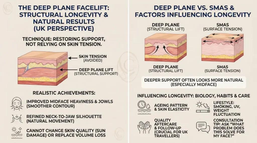 Deep Plane Facelift Before After infographic comparing deep plane vs SMAS, showing structural support, natural results, and factors that influence longevity.