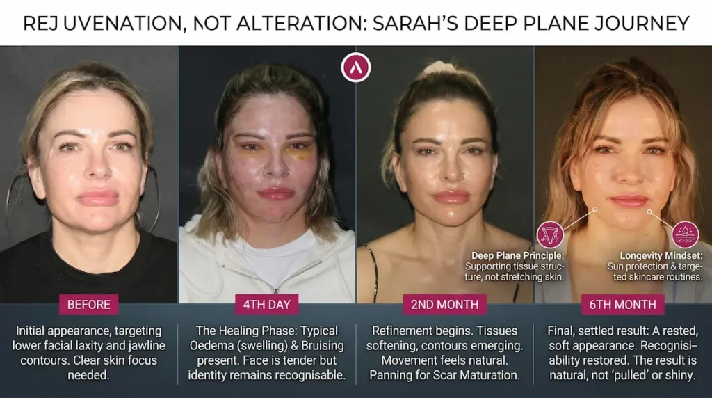 Sarah’s deep plane facelift story results timeline showing before, day 4 swelling, month 2 refinement and month 6 settled outcome.