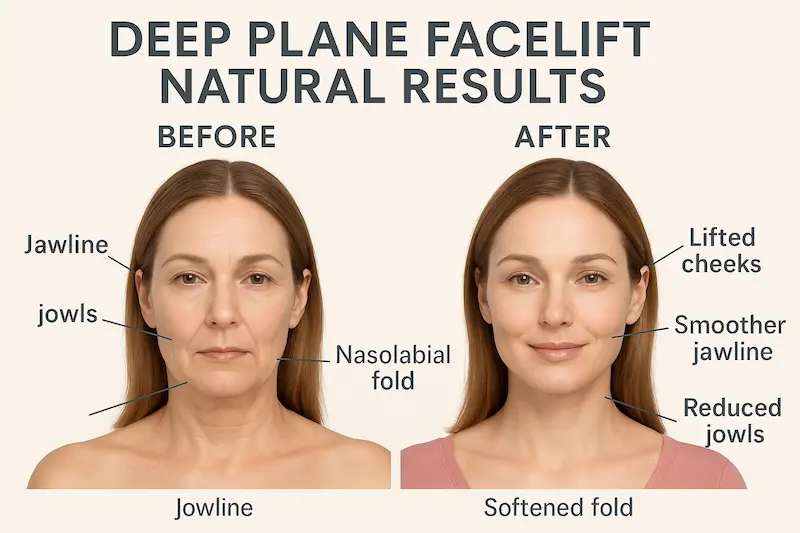 Deep plane facelift before and after comparison showing lifted cheeks, smoother jawline and reduced jowls for natural rejuvenation.