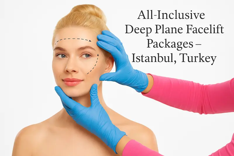 Blonde woman in facelift consultation with blue-gloved doctor’s hands and text promoting all-inclusive deep plane facelift packages in Istanbul, Turkey.