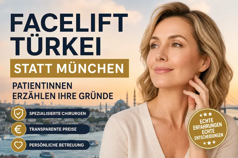 Coverbild zu Facelift Türkei Erfahrungen mit Patientin vor Istanbul-Kulisse und Hinweisen zu Preisen, Betreuung und Klinik.