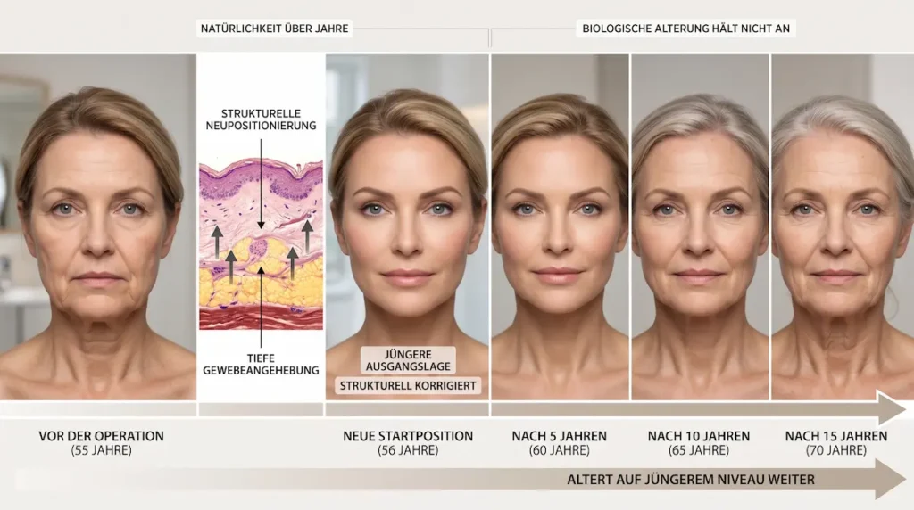 Deep plane facelift natürliche ergebnisse: Grafik zur strukturellen Gewebeanhebung und natürlichen Alterung nach 5, 10 und 15 Jahren.