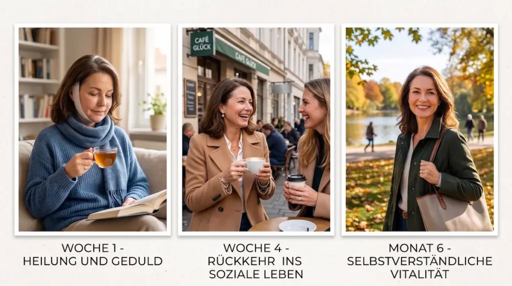 Natürliches Facelift Türkei Fallstudie: Heilungsverlauf von Woche 1 über Woche 4 bis Monat 6 mit schrittweiser Rückkehr in den Alltag.