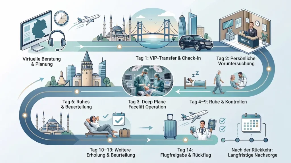 Deep Plane Facelift Ablauf Türkei: Infografik zum 14-Tage-Plan von Beratung und OP bis Rückflug und langfristiger Nachsorge.