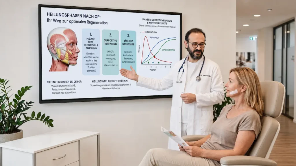 Arzt erklärt einer Patientin Deep Plane Facelift genesung HBOT LLLT anhand von Gewebeschichten, Heilungsphasen und Kontrollpunkten.