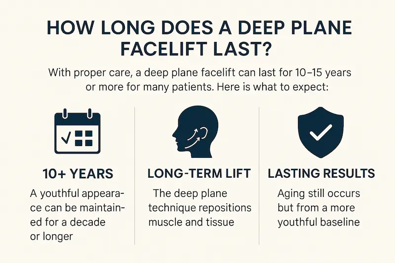 Infographic explaining deep plane facelift how long does it last, highlighting 10–15 year longevity, rejuvenation areas and factors affecting duration.