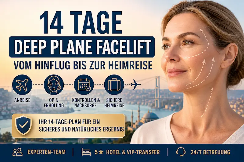 Deep Plane Facelift Ablauf Türkei – 14-Tage-Reiseplan mit Anreise, OP, Nachsorge und Heimreise aus Istanbul.