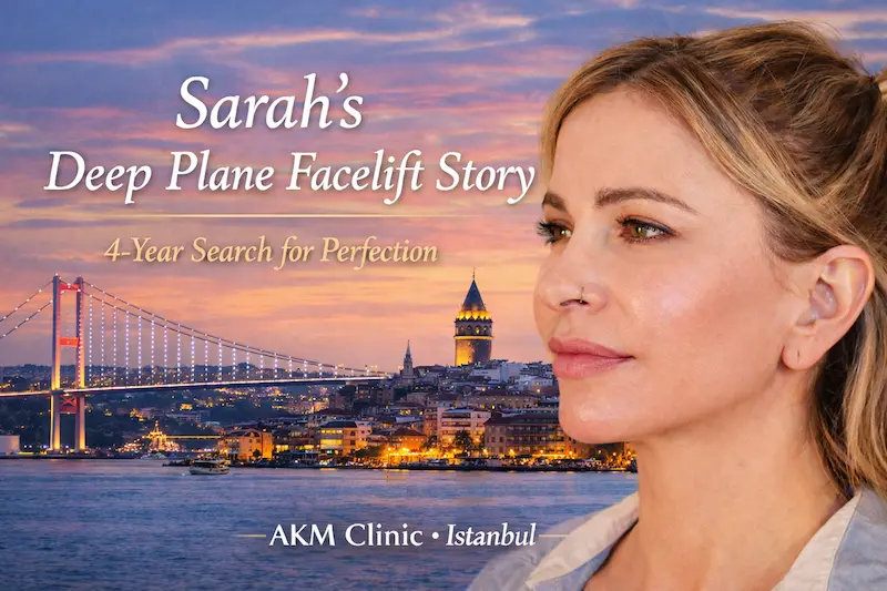 Sarah’s deep plane facelift story cover image featuring the Istanbul Bosphorus, bridge and Galata Tower at sunset