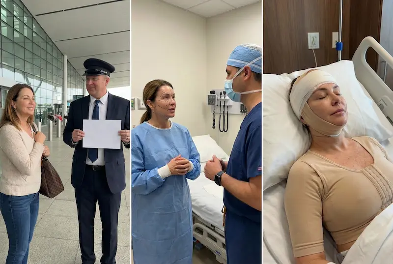 Deep Plane Facelift Journey Turkey Day 1–3: airport pickup, pre-op consult, and patient resting post-surgery.