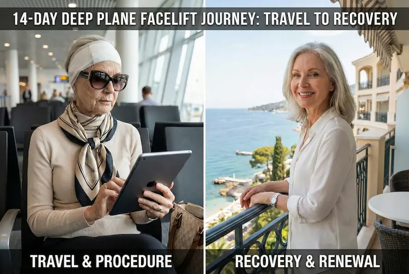 Deep Plane Facelift Journey Turkey: split image of airport arrival for surgery and serene seaside recovery during week two.