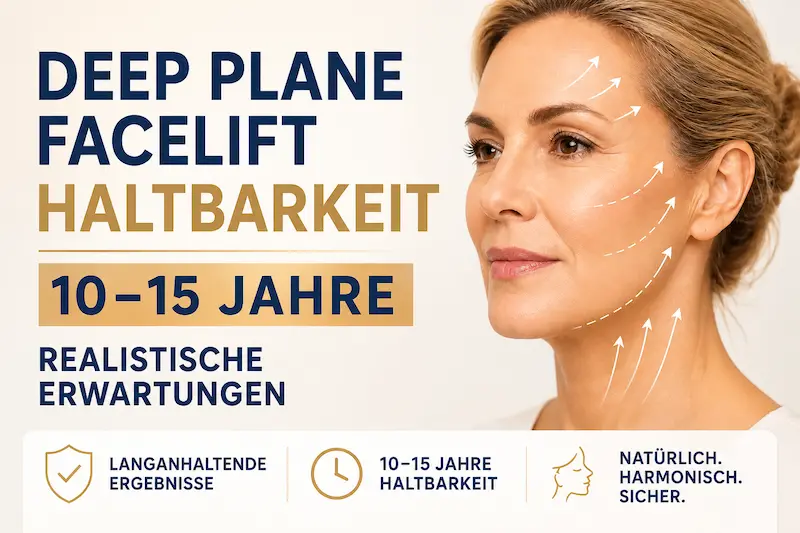 Deep Plane Facelift Haltbarkeit: Porträt einer Frau mit eingezeichneten Lifting-Vektoren und realistischer Angabe von 10–15 Jahren.