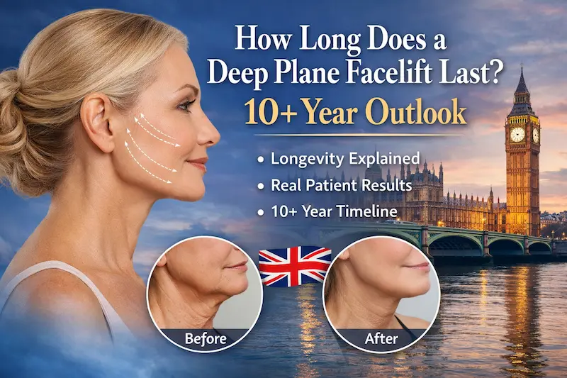 How Long Does Deep Plane Facelift Last cover image showing a natural-looking profile result with London skyline and a 10+ year outlook headline