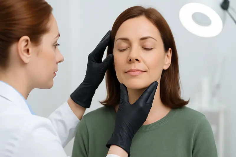 Female cosmetic surgeon examining patient’s face with black gloves during consultation, illustrating deep plane facelift longevity and planning for long-lasting results.