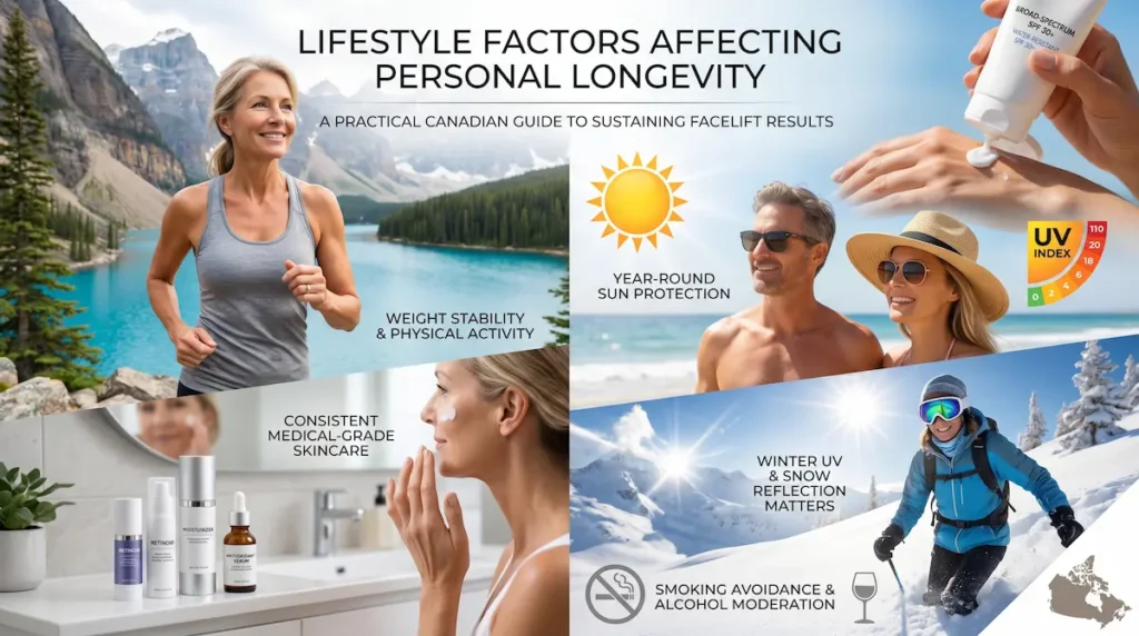 Lifestyle guide for how long does deep plane facelift last, showing sun protection, weight stability, skin care, and Canadian winter UV habits.