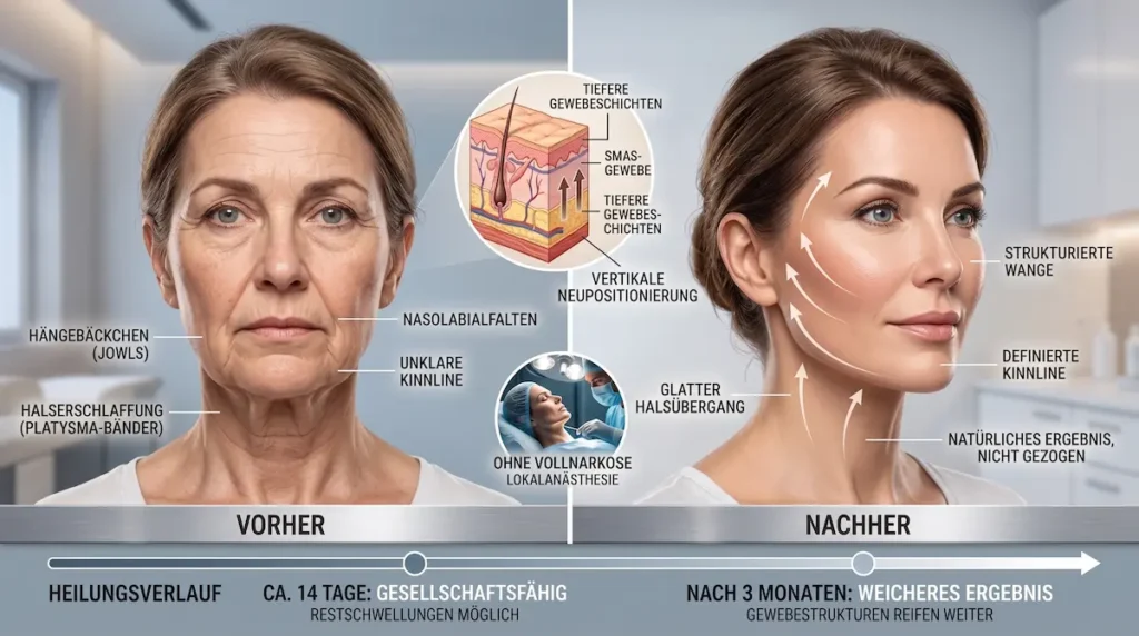 Awake Facelift Vorher Nachher mit 50: Darstellung von Jowls, Halskontur, Geweberepositionierung und Heilungsverlauf.