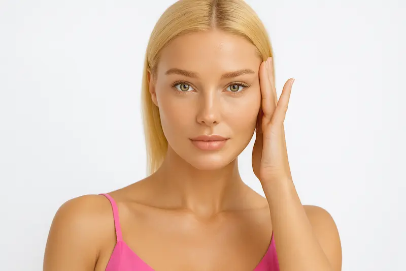Woman with smooth jawline and lifted cheeks, illustrating Deep Plane Facelift Natural Results on a clean white background.