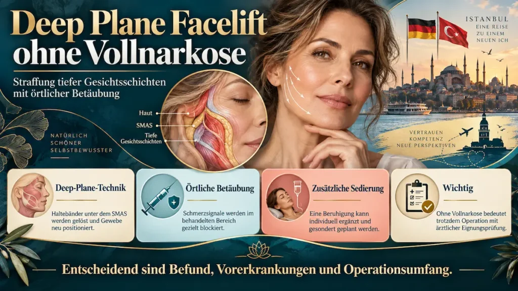 Deep Plane Facelift ohne Vollnarkose: Infografik zu Gesichtsschichten, örtlicher Betäubung und optionaler Sedierung.