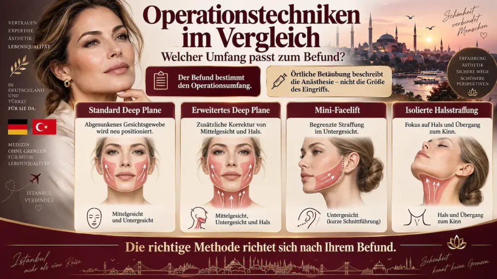 Deep Plane Facelift ohne Vollnarkose: Infografik zum Operationsumfang im Vergleich mit Mini-Facelift und Halsstraffung.