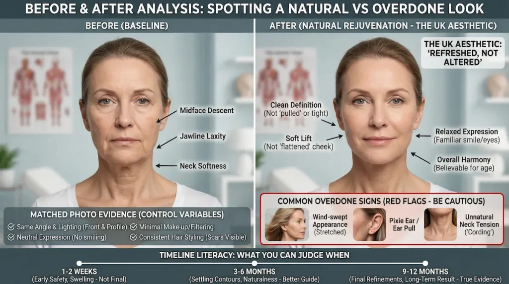 Before-and-after checklist infographic helping UK patients assess results when choosing a deep plane facelift surgeon, showing natural rejuvenation markers and overdone red flags.