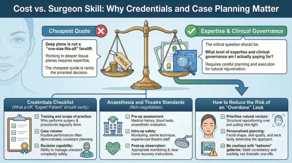Deep plane facelift cost infographic showing why surgeon credentials, case planning, and operating theatre standards matter more than choosing the cheapest quote.