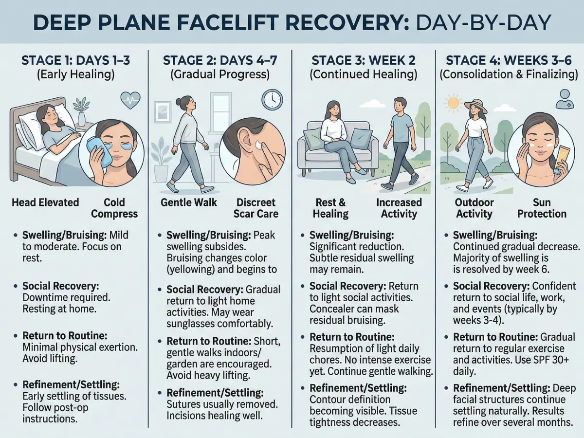 Day-by-day recovery infographic for deep plane facelift showing stages from days 1–3 through weeks 3–6 with care tips.
