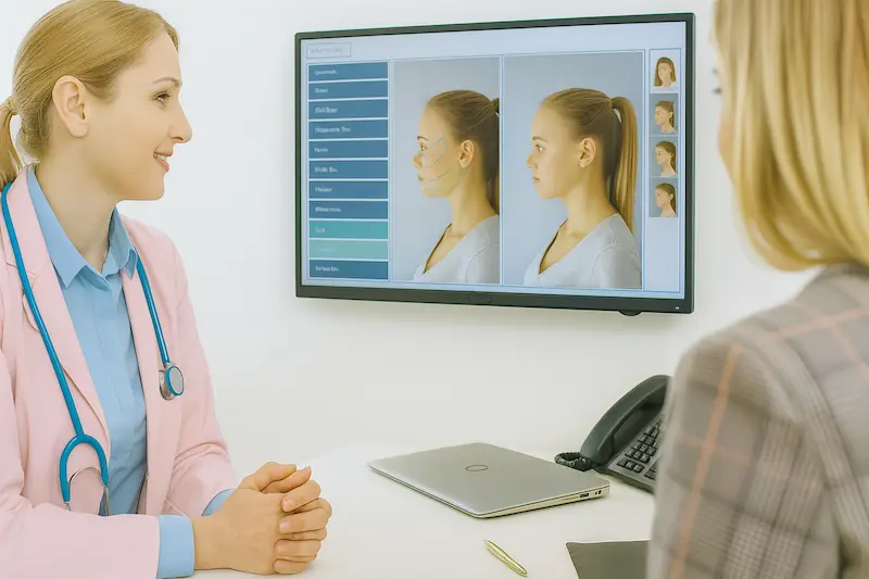 Female plastic surgeon in pink coat reviewing deep plane facelift recovery day by day before-and-after images with a patient on a wall-mounted screen.