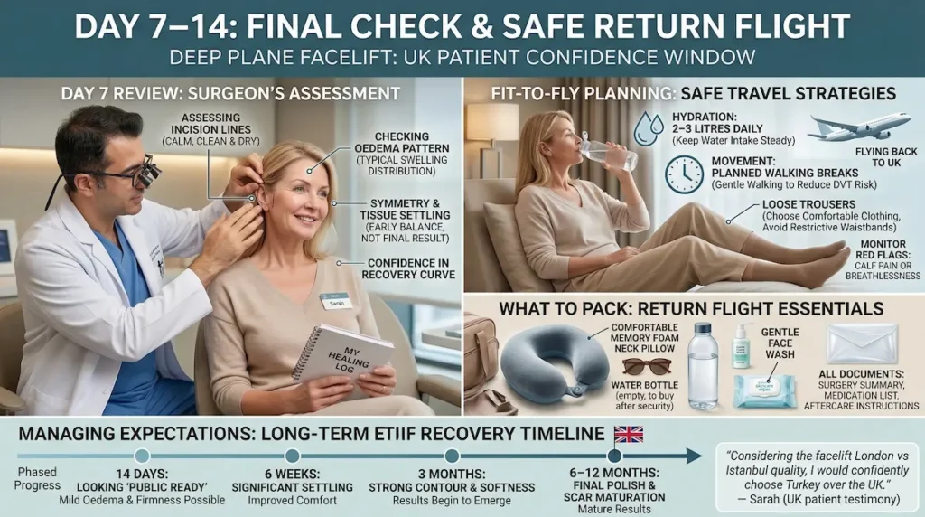 Deep Plane Facelift Journey Day 7–14 infographic showing surgeon review, fit-to-fly planning, return flight packing list, and recovery timeline milestones.