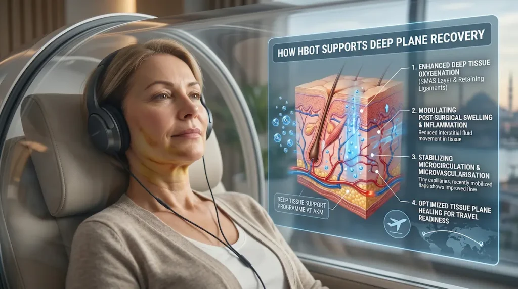 Deep plane facelift recovery HBOT LLLT image showing how HBOT supports tissue oxygenation, swelling control, and travel readiness
