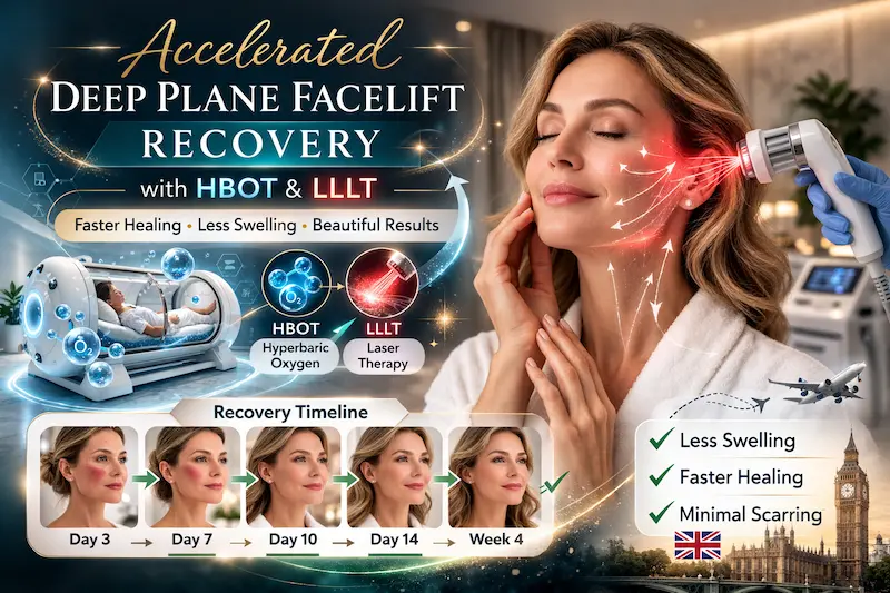 Deep plane facelift recovery illustration showing HBOT and LLLT support with a recovery timeline from day 3 to week 4.