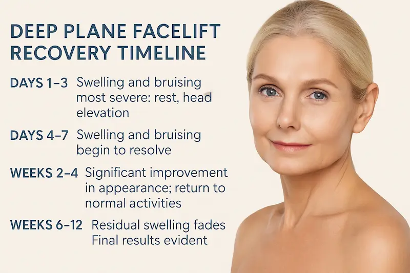 Deep Plane Facelift Recovery Timeline infographic showing stages of deep plane facelift recovery from days 1–3 to months 2–6 beside a mature woman’s face.