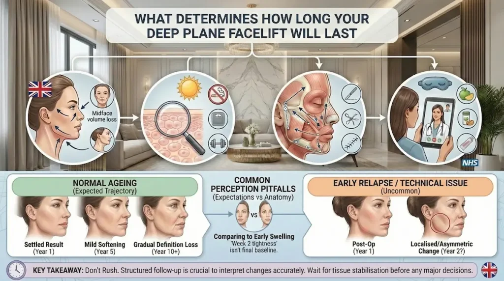 How Long Does Deep Plane Facelift Last infographic comparing early relapse or technical issues with normal ageing over years, showing expected softening versus localised asymmetric change.