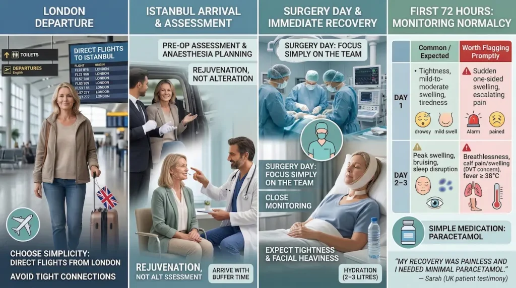 Deep Plane Facelift Journey Day 1–3 infographic showing direct flights from London, anaesthesia planning, surgery day monitoring, and first 72-hour checks.