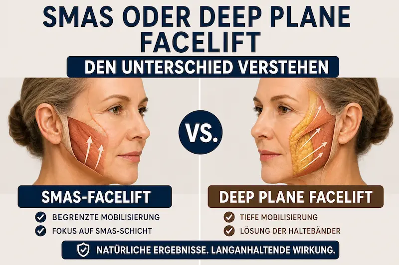 SMAS oder Deep Plane Facelift im anatomischen Vergleich mit Gewebeschichten, Mobilisierung und Haltebändern im Gesicht.