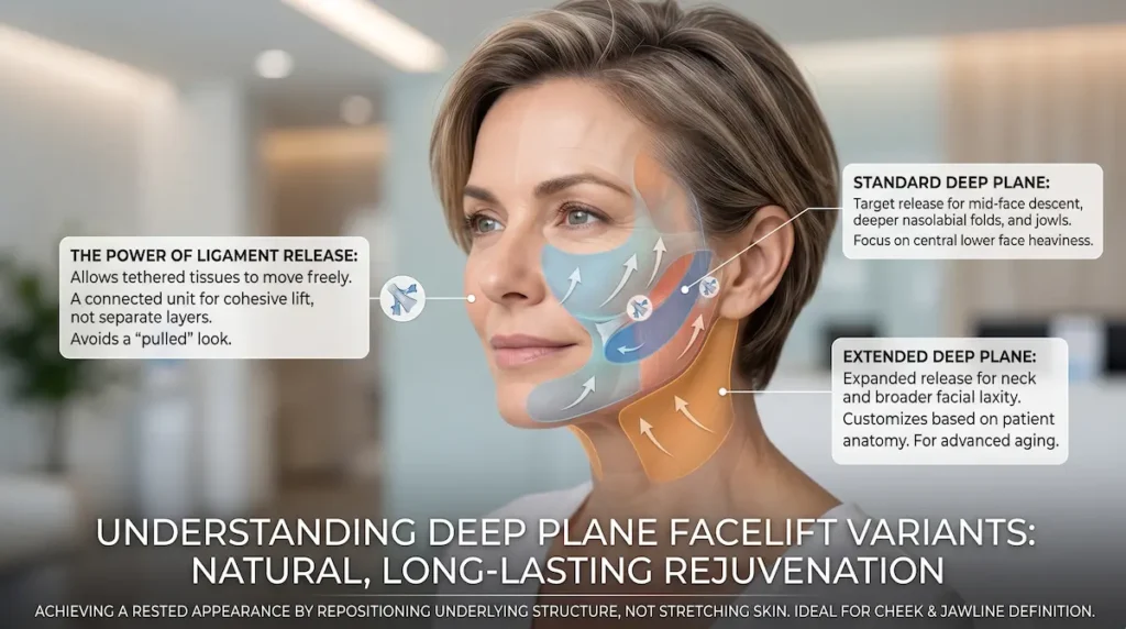 SMAS vs deep plane facelift image showing standard and extended deep plane variants with ligament release and facial lift vectors.