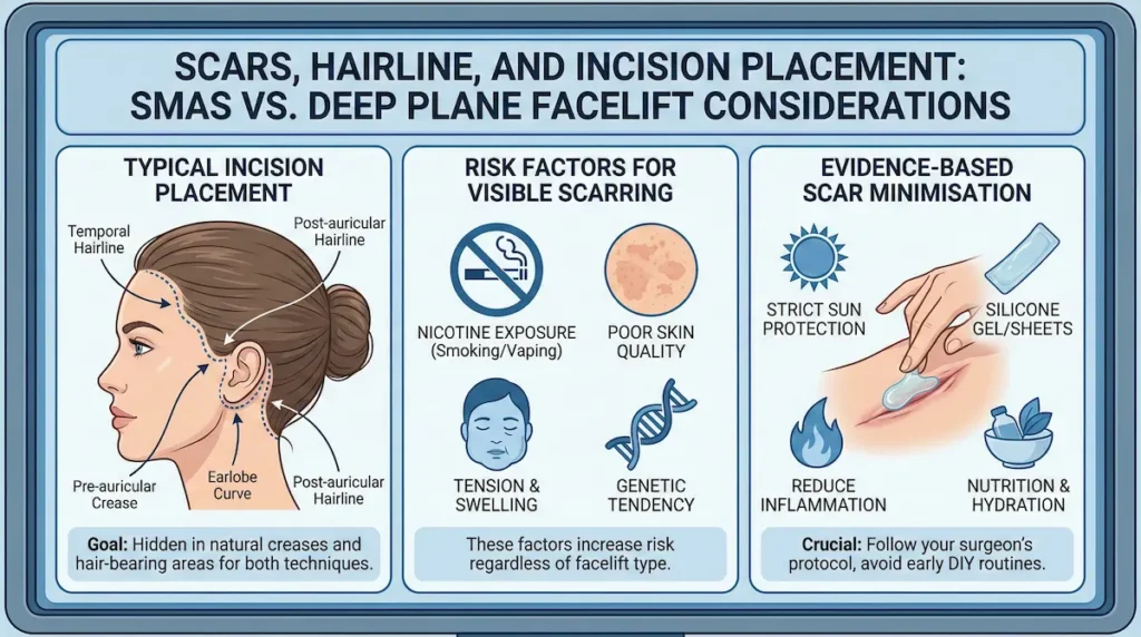 SMAS vs Deep Plane Facelift infographic showing typical incision placement around the ear and hairline, risk factors for visible scarring, and evidence-based scar minimisation tips.