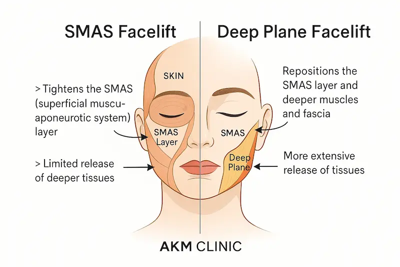 Educational illustration of deep plane facelift vs smas facelift, showing facial anatomy layers and labeled differences between the two techniques.