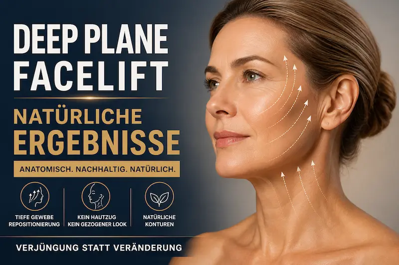 Deep plane facelift natürliche ergebnisse: Frau im Profil mit markierten vertikalen Lifting-Vektoren an Gesicht und Hals.