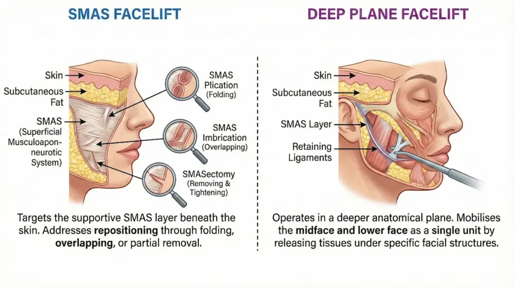 SMAS vs Deep Plane Facelift comparison diagram showing skin, subcutaneous fat, the SMAS layer and deeper plane structures, with SMAS techniques and deep plane release illustrated.