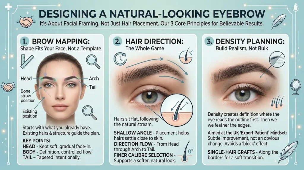 Eyebrow Transplant design infographic showing brow mapping, hair direction control and density planning for natural-looking results