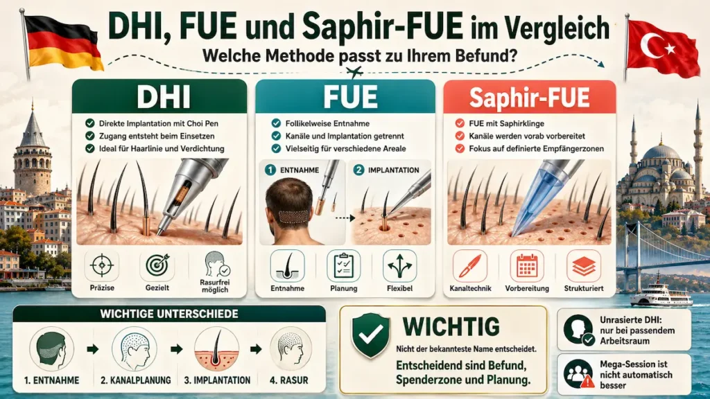 DHI, FUE und Saphir-FUE im Vergleich: Unterschiede bei Implantation, Kanalplanung, Rasur und geeigneten Einsatzbereichen.